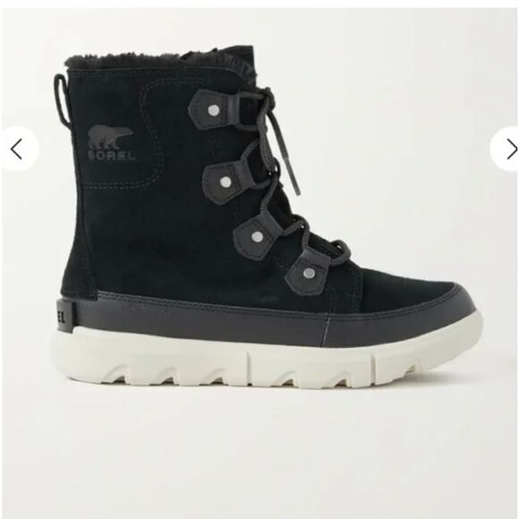 Sorel Explorer II Joan WP Black faux fur-trimmed suede ankle boots Sz 11 - Picture 1 of 13